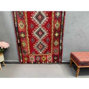 Alfombra Vintage de 4.1x6.1 pies, Alfombra Turca, Alfombra Persa Roja y Azul - Product Image 1