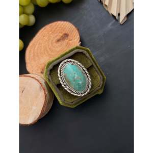 Navajo-Made <b>Ring</b> Kingman Turquoise Sterling <b>Silver</b> Size 7.5 Bezel <b>Set</b> Inlay Rose Gold 18K Plating Gift Licensed Private 'IS' - Product Image 4