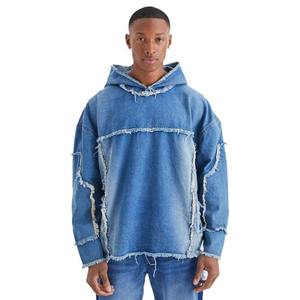 Men's Oversized Denim Hooded <b>Jacket</b> With <b>Fringe</b> Patchwork Design Regular Sleeve Solid Color Autumn Wear - Product Image 1