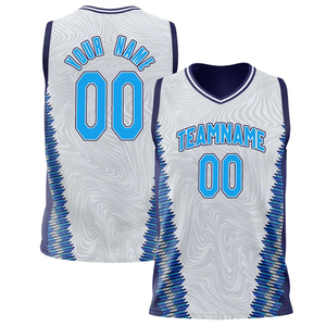 Maillot de basket-ball personnalisé pour hommes, blanc, bleu, design uniforme de haute qualité, vente en gros imprimé 100% polyester antibactérien - Product Image 2