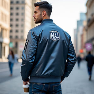 <b>Men's</b> Crew Neck Lightweight Bomber Varsity Jacket <b>Men</b> <b>Flight</b> MA1 Satin Bomber Jacket <b>Men</b> - Product Image 2