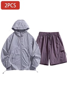 Ensemble Homme Léger à Capuche Veste et Short Couleur Unie Décontracté Tenue d'Automne Manches Longues Fermeture Éclair Coupe Ample 2 Pièces - Product Image 1