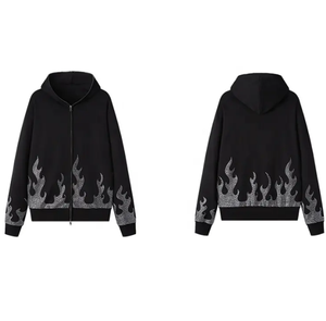 Nouvel arrivage : Sweat à capuche zippé intégral pour homme en molleton bouclette 100 % coton, grande taille, avec strass noirs unis - Product Image 2