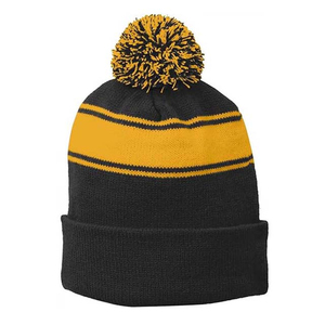 Beautiful 2026 Unisex Black Yellow Striped Beanie Hat with Pom Pom Computer Knitted <b>Winter</b> Casual <b>Cap</b> for Adults 100% Acrylic - Product Image 1