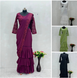 Estilo Bollywood color vino lehenga Saree choli en Faux Georgette con trabajo de secuencia de bordado para Damas Indias pakistaníes - Product Image 4