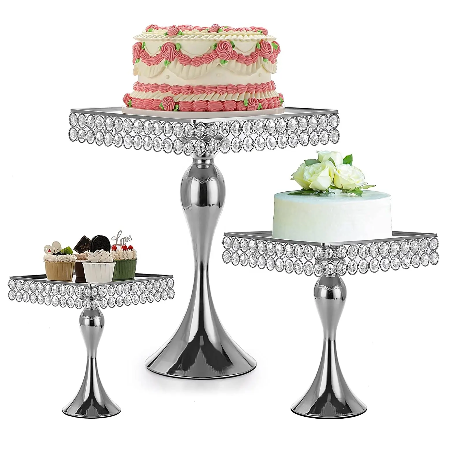 Soporte de pastel con parte superior de espejo con cuentas decorativas de plata brillante Soporte estructurado para servir y exhibir cupcakes en forma cuadrada