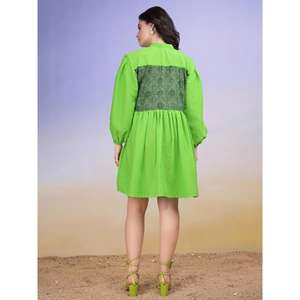 เดรสแขนพองคอวีสีล้วนสำหรับผู้หญิง, เดรสสไตล์ตะวันตกยาวมินิลำลอง - Product Image 6