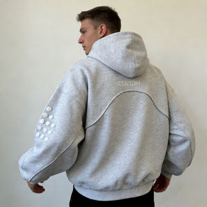 Sweat à capuche décontracté surdimensionné pour homme, gris clair, en coton, avec fermeture éclair, imprimé personnalisé et décor à pois blancs - Product Image 3