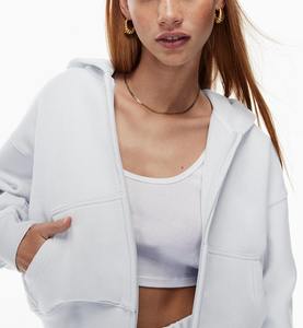 Women Boxy <b>Zip</b> <b>up</b> <b>Hoodie</b> <b>Crop</b> Top Fleece Cotton Double-Layer Hood OEM Custom Logo Women's Hoodies - Product Image 4