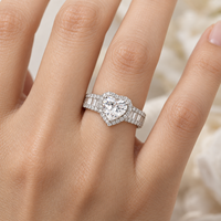 Heart Halo 925 Sterling Silver Zircon Ring with a Clear Three Prong Center and Rectangular Stone Shoulders