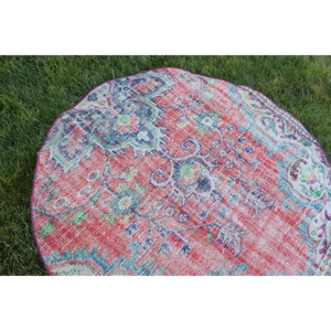 Alfombra de 4.7x4.7 pies, Alfombra Turca Vintage, Alfombra a Rayas Rojas y Azules - Product Image 5