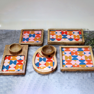 Handcrafted Modern Wooden Snack Serving Tray Set Geometric Print Base with <b>Sauce</b> Bowl Platter for Wedding Diwali Table - Product Image 3