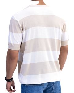 เสื้อยืดถักลายทางวินเทจ สีเบจและสีขาว ลายทางแนวนอน สำหรับผู้ชาย เสื้อยืดเนื้อผ้าพรีเมียม แขนสั้น รับสกรีนโลโก้ - Product Image 1