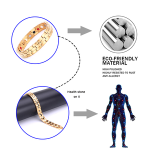 Mulheres Homens Terapia Aço Inoxidável Pedra Magnética Silver Striped Energy Bracelet 4 em 1 Saúde Negativa Ions Personalizado Bio Pulseira - Product Image 6