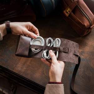 Luxury Genuine Leather Cable Organizer Bag Daily Use <b>Water</b> & Shock Proof USB Cord Charger Travel OEM Factory LCO-0040 - Product Image 1