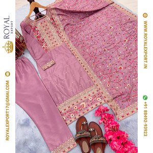 Lancement de la nouvelle collection de hauts et bas en soie chinon pure, lourde et de haute qualité, brodés, lavables, à motifs floraux indiens fantaisie, pour occasions spéciales. - Product Image 5