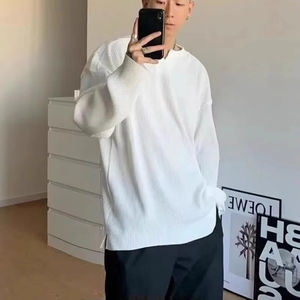 Loose <b>Long</b>-<b>sleeved</b> Ribbed Drape T-shirt For Fitness Men's Autumn And Winter Striped V-neck <b>Henley</b> Neck Pleated High Elasticity - Product Image 3