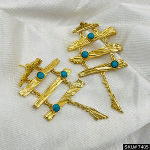 Boucles d'oreilles plaquées or goutte et balancent turquoise texture pierre précieuse boucles d'oreilles créoles fabricant de boucles d'oreilles mode en laiton - Product Image 5