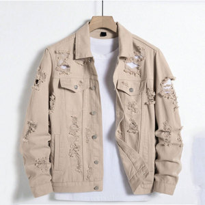 Veste en jean déchirée à poche à rabat effilochée pour hommes style rappeur de fête kaki uni avec poche à boutons kaki et vestes déchirées au design - Product Image 1