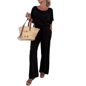 Chic verano elegante señora traje nuevo Casual cuello redondo deporte chándal con bolsillo pantalones Color sólido manga corta Tops activos Bottoms - Product Image 6