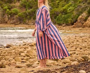 Vestido Midi a rayas de atardecer de algodón puro 100% para mujer, rayas multicolores vibrantes, suelto, ligero, transpirable para verano - Product Image 3