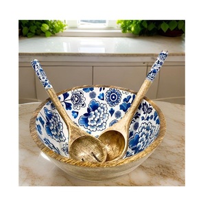 2025 Venta caliente Ensaladera de madera de mango Cuenco de servicio tallado multicolor Diseño clásico Esmalte impreso para fiestas Venta al por mayor India - Product Image 6