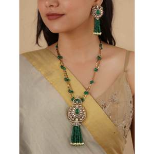 Ensemble de collier en laiton plaqué rhodium 18 carats vert, imitation jade polki, PK-S139GR, pour cadeaux de mariage ou de bijoux fins - Product Image 1