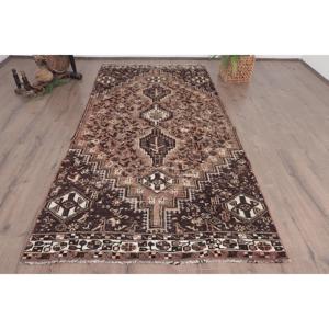 Vintage Turkish Large Rug 4.5x9.1 ft, <b>Brown</b> Abstract Rug <b>Wool</b> - Product Image 1