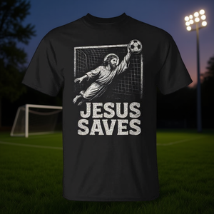 T-shirt ispiratrice con scritta 'Jesus Saves Soccer Goalie', abbigliamento cristiano motivazionale - Product Image 3