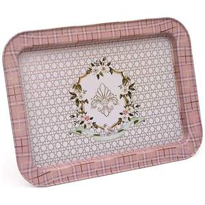 Plateau de service rectangulaire en métal moderne rose 310x430mm Plateau décoratif fantaisie en bois et verre - Product Image 1