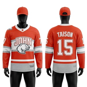 Maillot de hockey sur glace pour hommes, 220 GSM, maille polyester athlétique, rouge, gris, blanc, panneau rayé, nom et numéro personnalisés, sublimation - Product Image 1