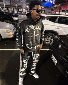 Fabricante de ropa de calle, parche bordado desgastado, de peso pesado chándal, pantalones de chándal Acampanados para hombre y Sudadera con capucha, chándal para hombre - Product Image 3