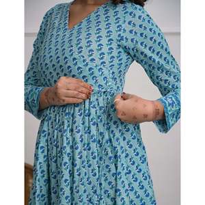 Vestido de Algodón Angrakha con Estampado Azul, Informal, para Fiestas, Transpirable, Cintura Imperio, Tallas XS a 5XL - Product Image 2
