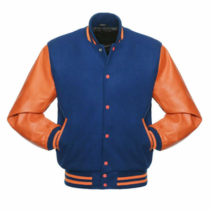 Chaqueta bomber ROYAL Blue Wool Varsity Letterman con mangas de cuero puro NARANJA - Product Image 2