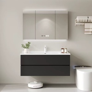 Modern and Simple Integrated Basin Bathroom Cabinet Set with 2 Shelves Stainless Steel Handles Solid Wood Washbasin - Product Image 5