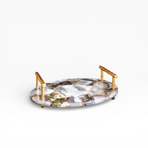 Plateau de service rond en agate naturelle avec motif en mosaïque de cristal bleu gris et poignées en métal modernes - Product Image 2