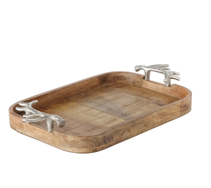 Bandeja de servicio de madera de acacia Mango de metal con bocadillos cuadrados pulidos plateados y bandeja para servir café - Product Image 1