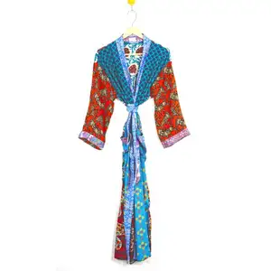 Красивое шелковое кимоно в стиле пэчворк шелковое женское халат ручной работы с карманами и поясом одежда для сна шелковое сексуальное кимоно