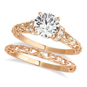Ensemble de mariage en or rose 14 carats de style antique avec diamants (1,62 ct) Élégantes alliances en or rose 14 carats - Product Image 4