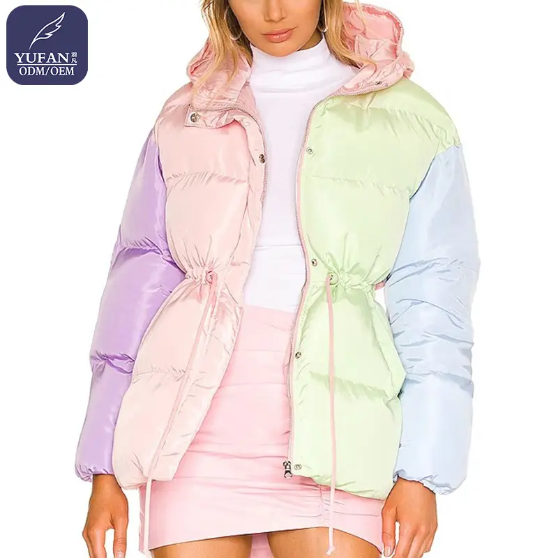 Yufan 사용자 정의 2023 겨울 실크 반짝 이는 다운 재킷 레인보우 컬러 후드 여성 다운 패션 귀여운 다운 재킷