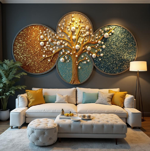 Art d'arbre en métal texturé à trois panneaux avec des accents de perles. Disponible à prix de gros. - Product Image 1