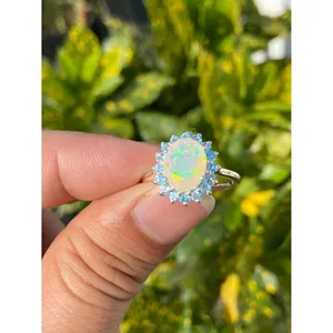 925 <b>Silver</b> Natural Opal & Blue Topaz <b>Statement</b> <b>Ring</b> with Oval Cut Gemstone Geometric Pattern IGI Certified Everyday Wear - Product Image 2
