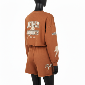 Women premium cotton fleece <b>rust</b> brown crop sweatshirt short set applique embroidery patch logo 100% Cotton Crop <b>Top</b> & Shorts - Product Image 5