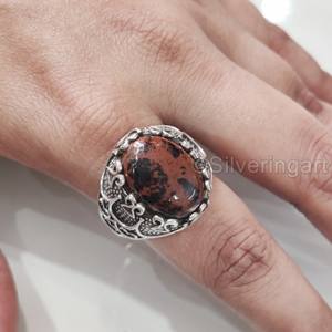 Bague pour homme en acajou naturel, jaspe, pierre précieuse, pierre de naissance, toutes tailles, cadeau d'anniversaire lourd, bijoux, bague en argent sterling 925 - Product Image 5