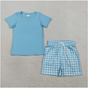 Conjunto de pantalones cortos a cuadros azul cielo para niños BSSO1883 - Product Image 5