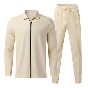 Spring and Autumn <b>Men's</b> New Waffle Long-sleeved Lapel Suit Fashion <b>Zipper</b> <b>Cardigan</b> Leisure Sports Suit - Product Image 1