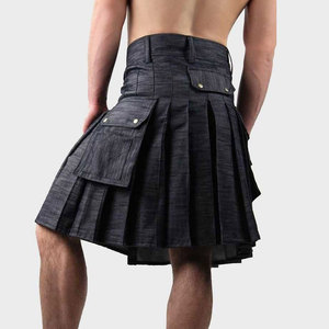 Kilt utilitaire en denim noir pour homme, style écossais, devant uni, poches cargo, ceinture à boucle réglable 2026 - Product Image 3