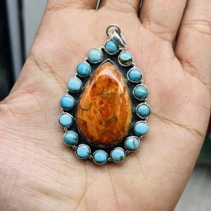 Collar con colgante de turquesa de ostra natural, colgante de turquesa de cobre de ostra espinosa pequeña, collar bohemio de turquesa con gota de lágrima - Product Image 4