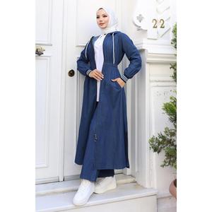 Survêtement long à capuche en denim bleu foncé avec taille élastique, style décontracté midi MSW19370-2 - Product Image 1