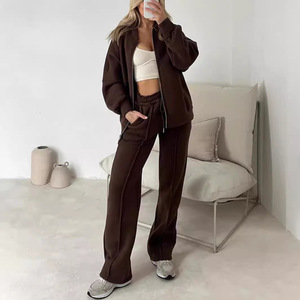 Women's 2025 New Arrivals: Stylish Casual Two-Piece Set Solid Color Long-Sleeve Sweatshirt Zip-Up <strong>Trousers</strong> - Product Image 3